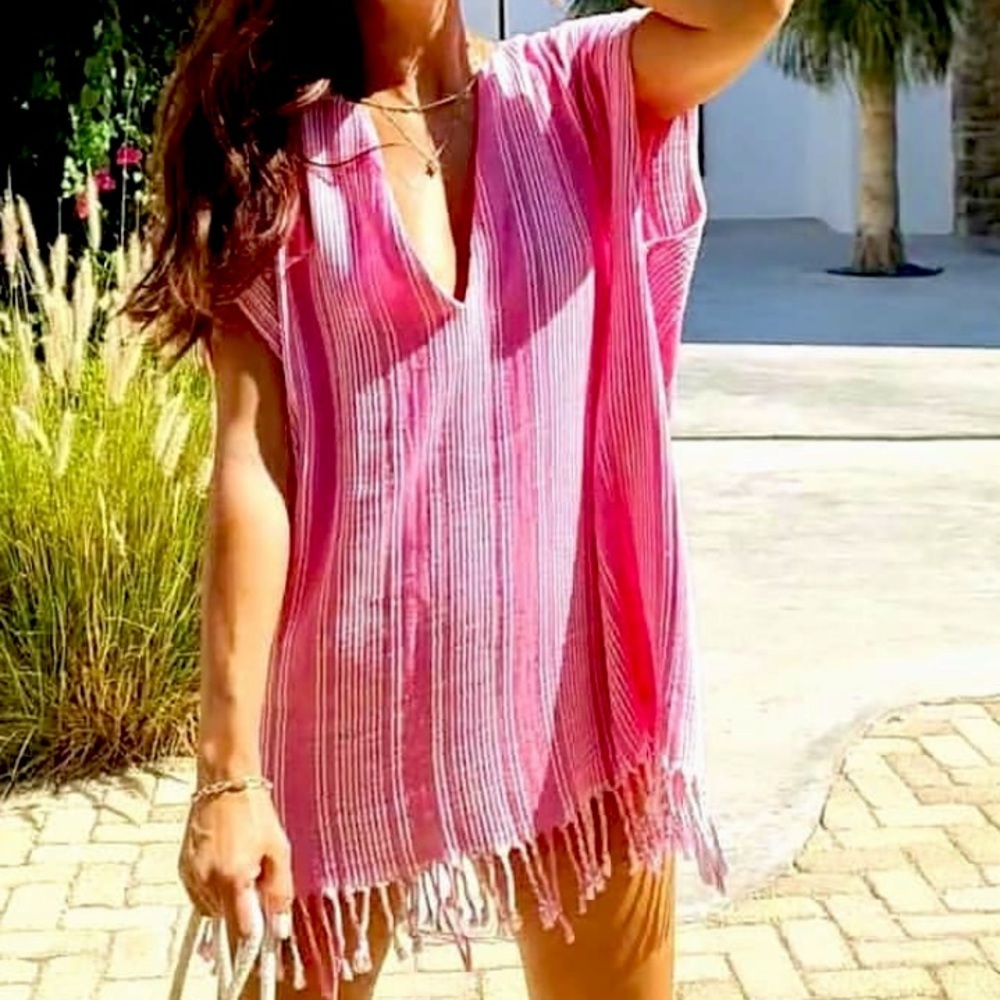Zara Fringe Rustic Caftan Swim Cover Up pink & white stripes S/M NWT - Picture 13 of 14